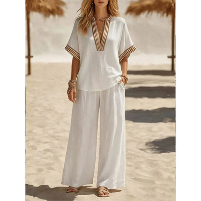 👚Časno omejen 50 % popust✨Dvodelni komplet iz top z V-izrezom in širokih hlačnic – minimalističen in prefinjen kos oblačila za delo