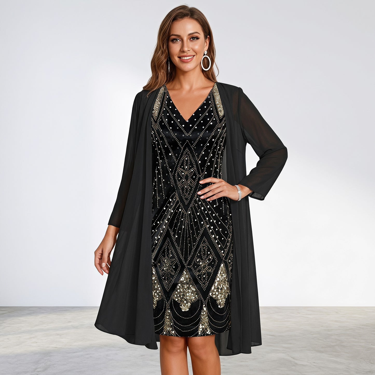 👗Dvojdielna súprava šifónových šiat s výstrihom do V a dlhého kardiganu, priedušná, lichotivá, dostupná vo viacerých veľkostiach, elegantné dámske oblečenie💐🩰