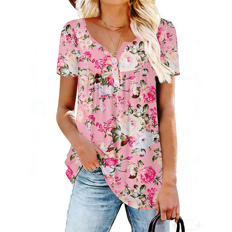 🌸👕 Francúzska košeľa s kvetinovým vzorom, výstrihom do V a gombíkmi | Voľná, priedušná dovolenková blúzka vo veľkých veľkostiach