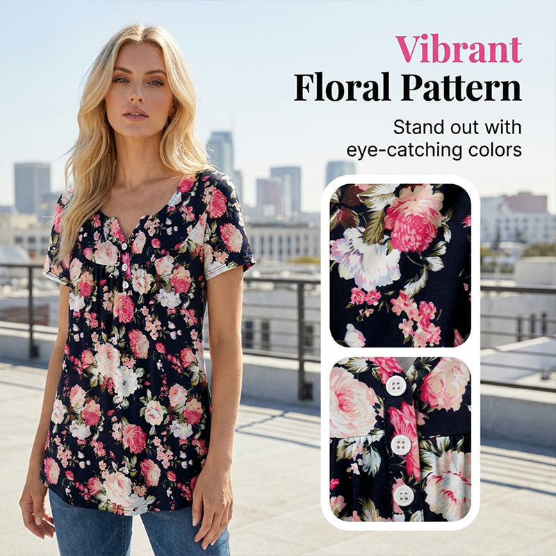 🌸👕 Francúzska košeľa s kvetinovým vzorom, výstrihom do V a gombíkmi | Voľná, priedušná dovolenková blúzka vo veľkých veľkostiach