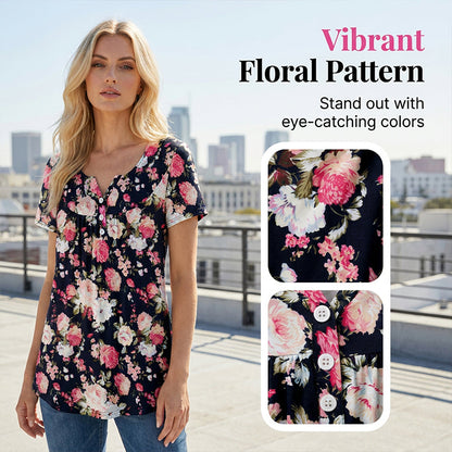 🌸👕 Francúzska košeľa s kvetinovým vzorom, výstrihom do V a gombíkmi | Voľná, priedušná dovolenková blúzka vo veľkých veľkostiach