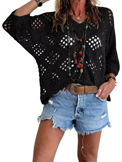 Dámske háčkované topy v štýle boho s výstrihom do V a výrezom