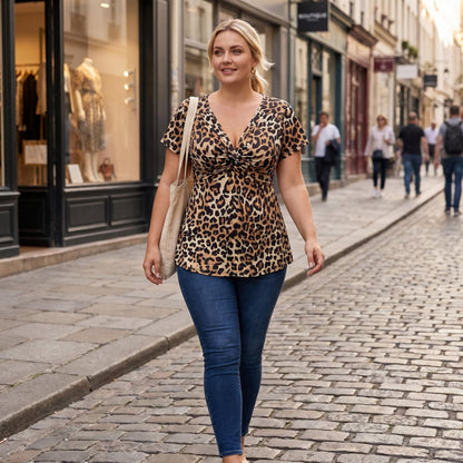 👗Dámske tričko s výstrihom do V, prekrížené vpredu, s leopardovým vzorom💃