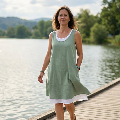☀️Časovo obmedzená zľava👗Voľné dvojdielne šaty bez rukávov s imitáciou bavlny, priedušné a ležérne dlhé jednodielne šaty na leto