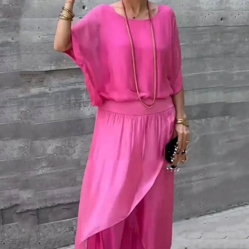 👗voľný top a nohavice s rozparkom a širokými nohavicami