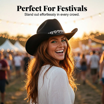 🤠Kovbojský klobúk v západnom štýle s kamienkami a srdiečkami - Ideálny na hudobné festivaly, večierky a fotenie!🎩