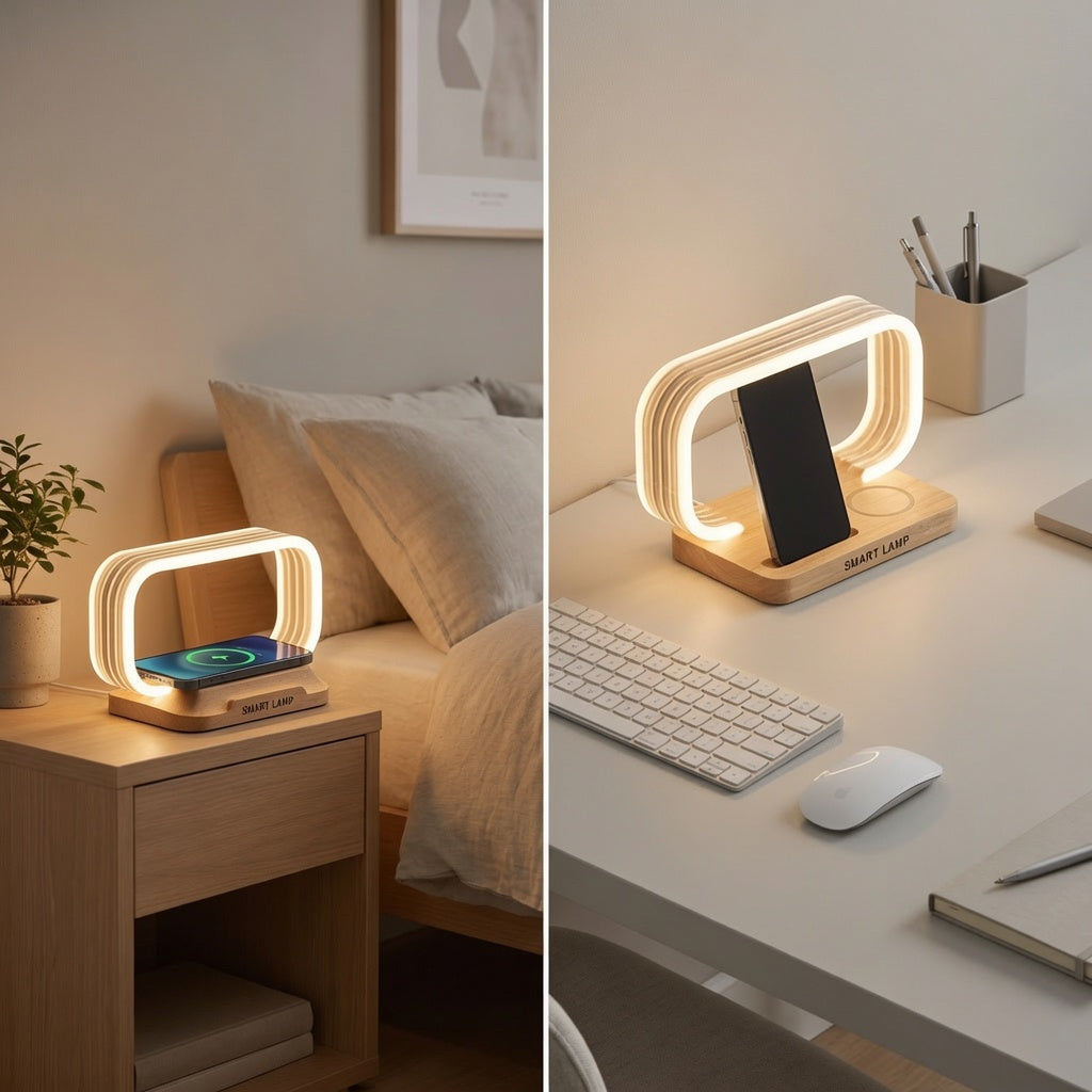 📱Hlasom ovládaná 4-v-1 lampa｜15W bezdrôtové nabíjanie, okolité svetlo pri posteli, ktoré chráni oči🛏️✨