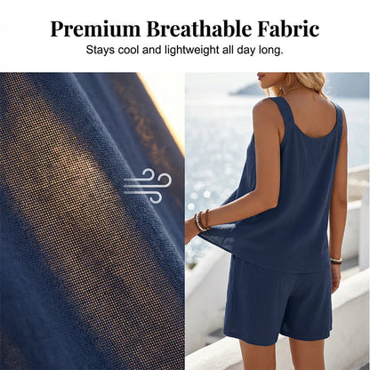 👗Ležérny set na voľný čas pozostávajúci z topu bez rukávov a krátkych nohavíc