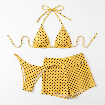 🎀Retro bodkovaná trojdielna plavky｜Nastaviteľný ramienok okolo krku, vysoký pás pre zvýraznenie kriviek🌊