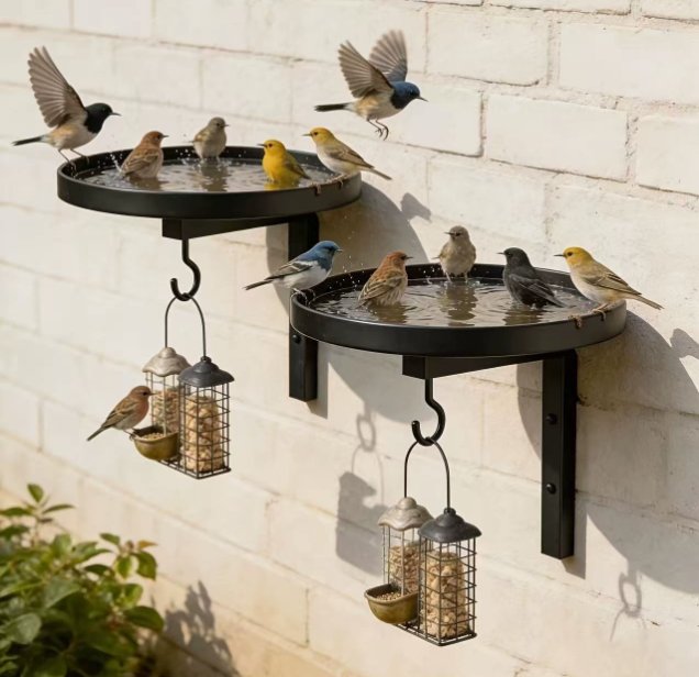 🐦Nástenná kovová vaňa pre vtáky | Dodáva sa s kŕmnymi háčikmi, ktoré ľahko prilákajú vtáky na váš balkón alebo dvor🌿