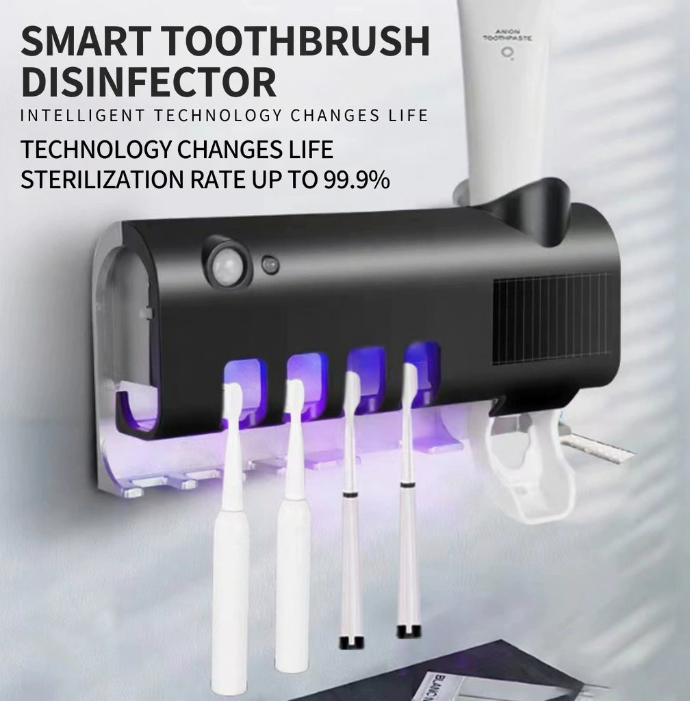 🦷Inteligentný sterilizátor zubných kefiek 4 v 1 | UV antibakteriálny senzor, automatické dávkovanie zubnej pasty, nástenný úložný priestor ✨