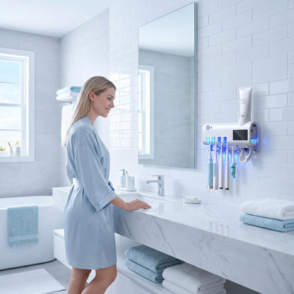 🦷Inteligentný sterilizátor zubných kefiek 4 v 1 | UV antibakteriálny senzor, automatické dávkovanie zubnej pasty, nástenný úložný priestor ✨