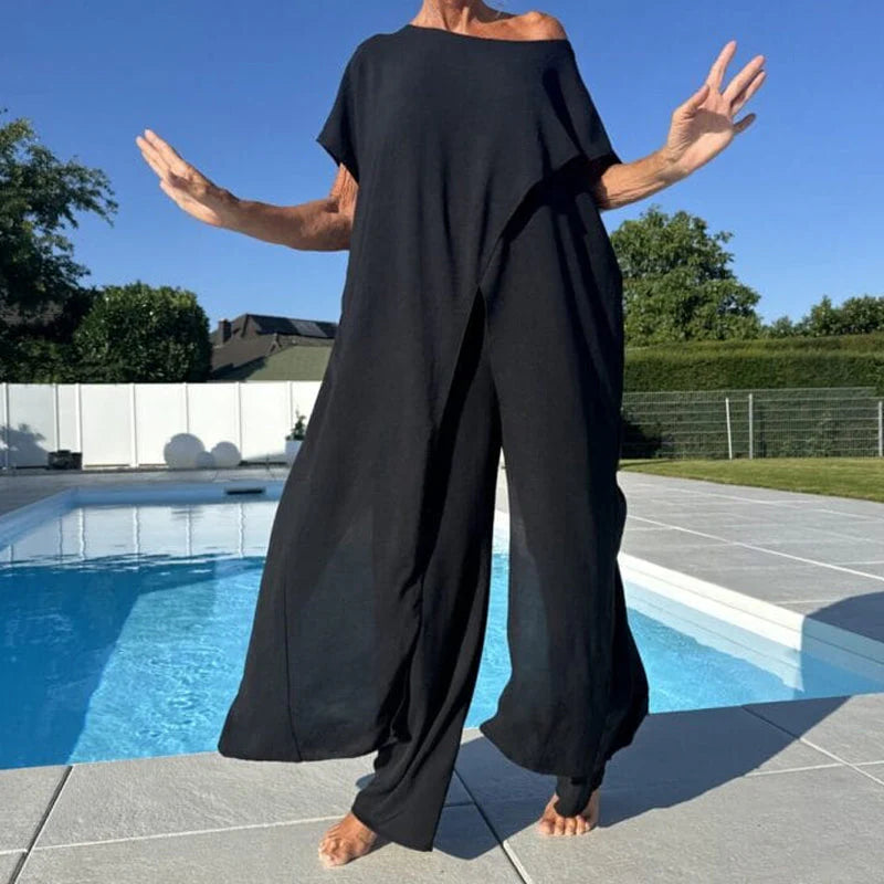 👗Jednofarebný top a nohavice s odhalenými ramenami