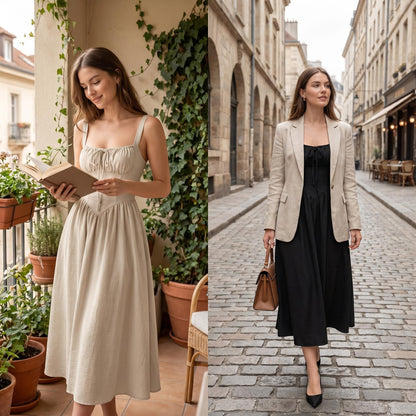 ✨Časovo obmedzená zľava 50%👗 Midi šaty s hranatým výstrihom a skladaným strihom, vysoký pás a zoštíhľujúca áčková sukňa
