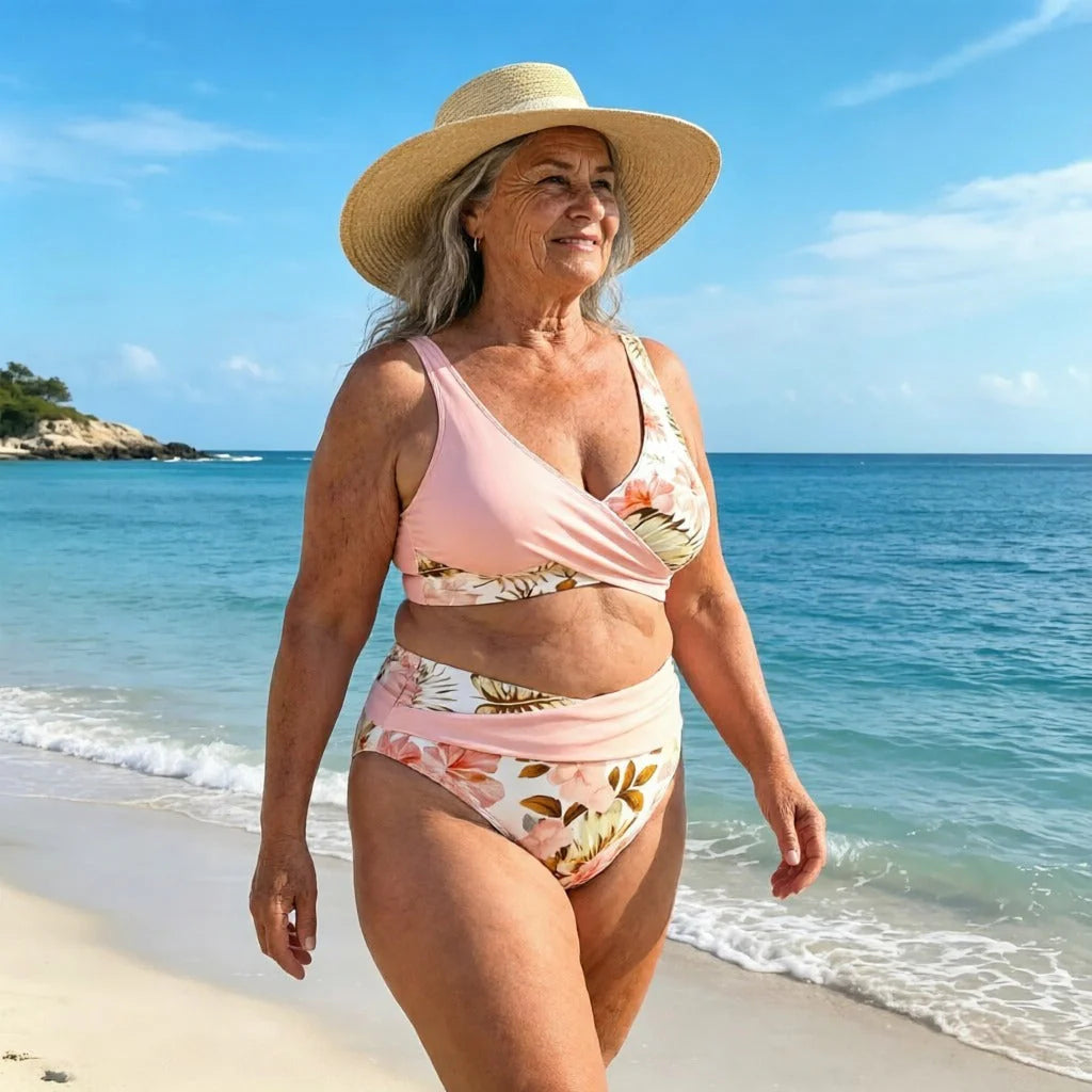 🌊🌸 Bikiny s vysokým pásom a kvetinovým vzorom, ktoré zakrývajú bruško a zoštíhľujú postavu – rýchloschnúce a vysoko pružné dvojdielne plavky na kúpanie v termálnych prameňoch a na pláži