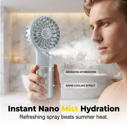 💦Ručný ventilátor s nano sprejom｜🍃Štyri nastaviteľné rýchlosti vetra, dvojitý chladiaci účinok: prúdenie vzduchu, hydratácia a rozprašovanie.