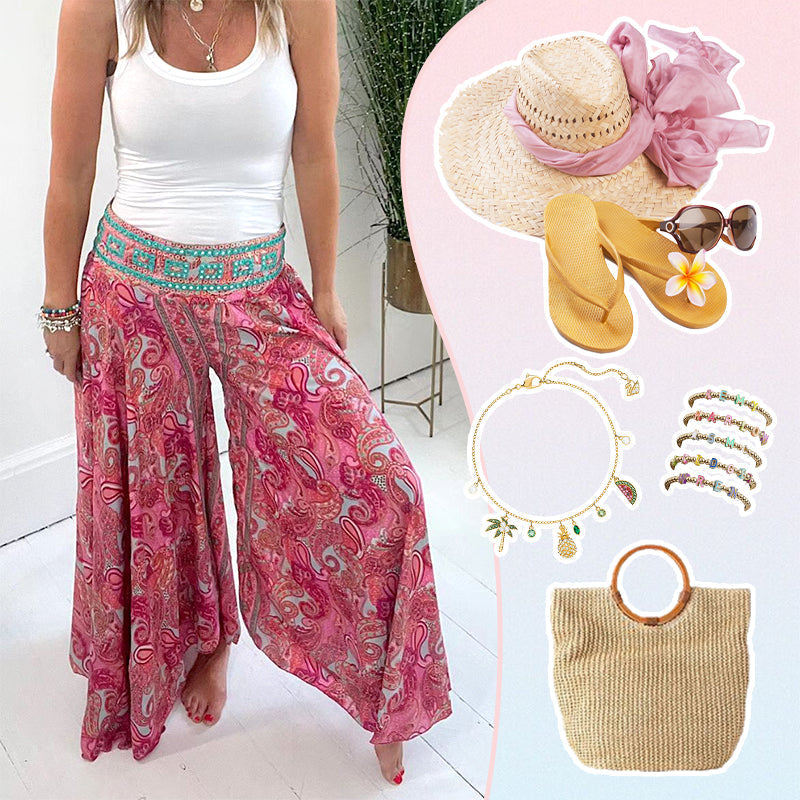 【🎁📿Ružový náhrdelník zadarmo🎁】💕Elastické nohavice v páse s etnickou potlačou🌸