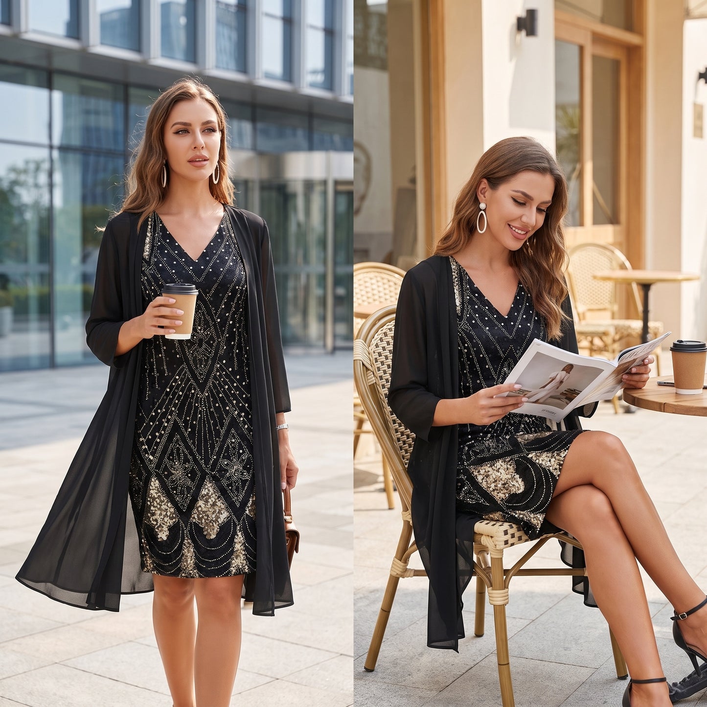 👗Dvojdielna súprava šifónových šiat s výstrihom do V a dlhého kardiganu, priedušná, lichotivá, dostupná vo viacerých veľkostiach, elegantné dámske oblečenie💐🩰