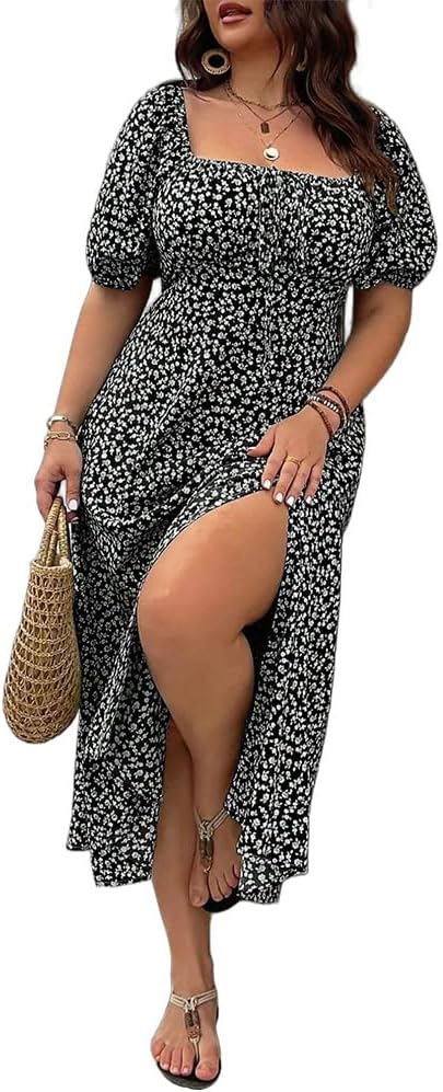 Maxi šaty vo veľkosti Plus Size s rozparkom a kvetinovým potlačou v štýle boho