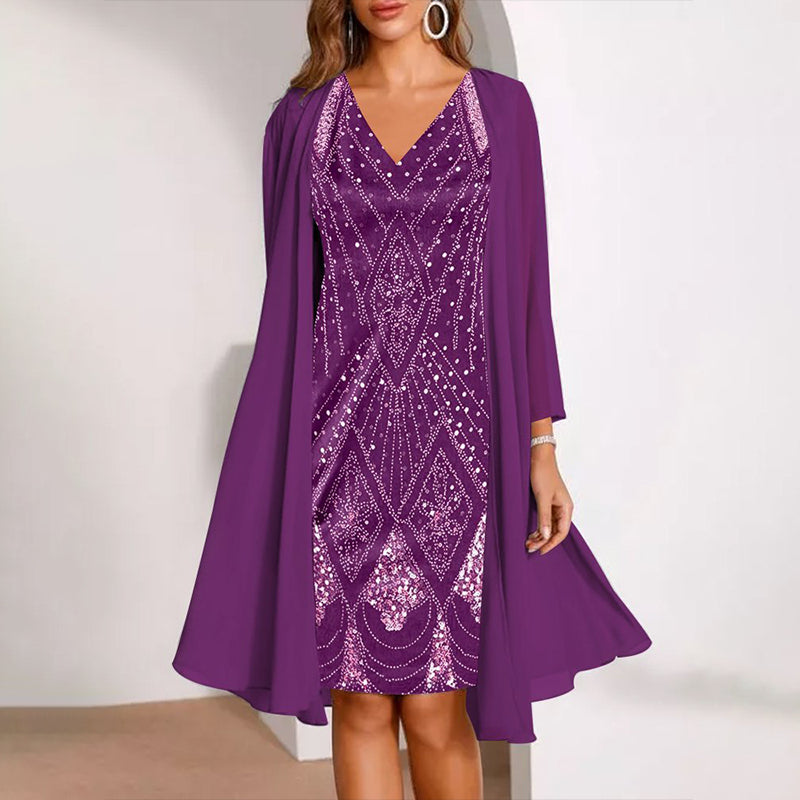 👗Dvojdielna súprava šifónových šiat s výstrihom do V a dlhého kardiganu, priedušná, lichotivá, dostupná vo viacerých veľkostiach, elegantné dámske oblečenie💐🩰