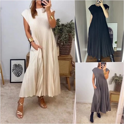 🔥Dámske skladané jednoduché jednofarebné šaty👗