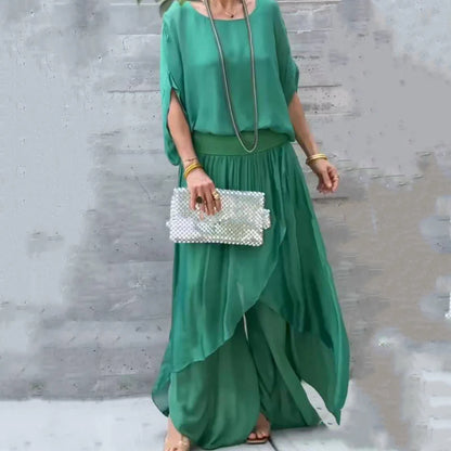 👗voľný top a nohavice s rozparkom a širokými nohavicami