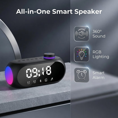 🔊4-v-1 Bluetooth reproduktor k posteli｜360° priestorový zvuk, RGB ambientné osvetlenie, stolový reproduktor s dvojitým budíkom🎵🌈
