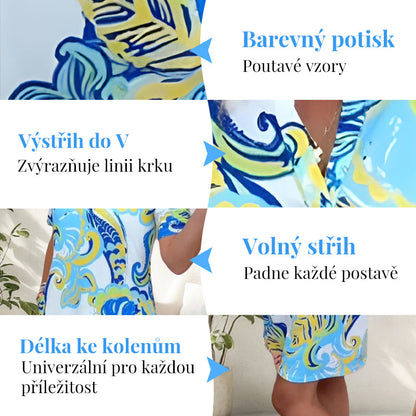Dámske farebné tlačené šaty s výstrihom do V