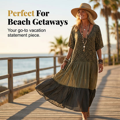 🌿Bohemian Tiered Maxi Dress 🐆 Leopard Splicing V-Neck Holiday Dress