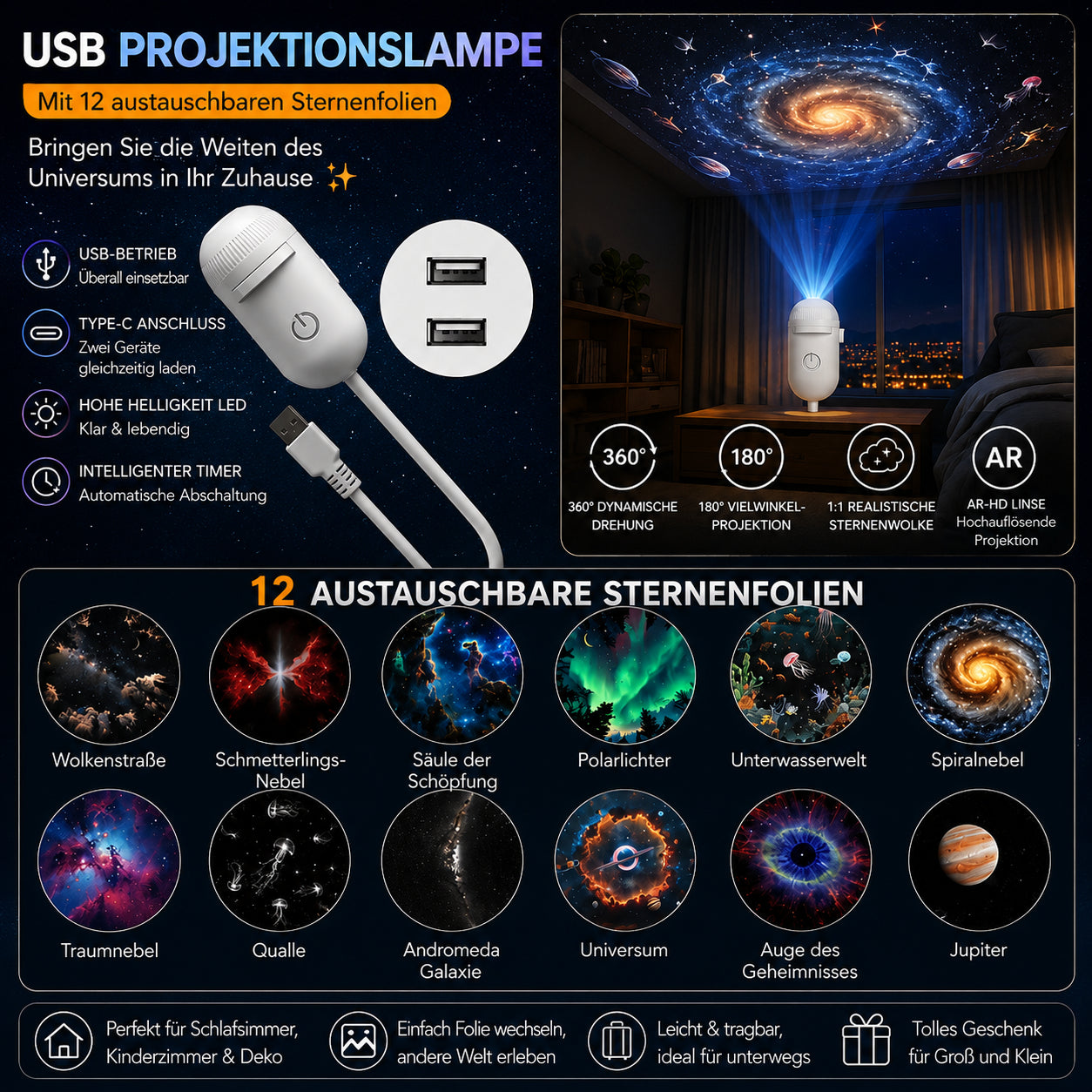 🔥Časovo obmedzená špeciálna ponuka so zľavou 50 % ✨Projekčná lampa 2 v 1 s hviezdnou oblohou: Otočte zasnívanú hmlovinu a vneste vesmír do svojej izby