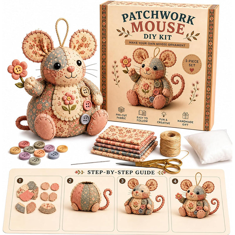 🐭🧵 Sada na patchworkovú myšku - šijacia sada pre začiatočníkov - kreatívna dekoratívna ozdoba