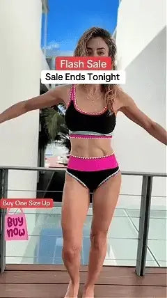 🔥🎁Novinka: 50 % ZĽAVA🔥🌼 Trojdielne športové bikiny z nylonu s farebnými blokmi – vysoký pás so zoštíhľujúcim efektom na brucho 👙