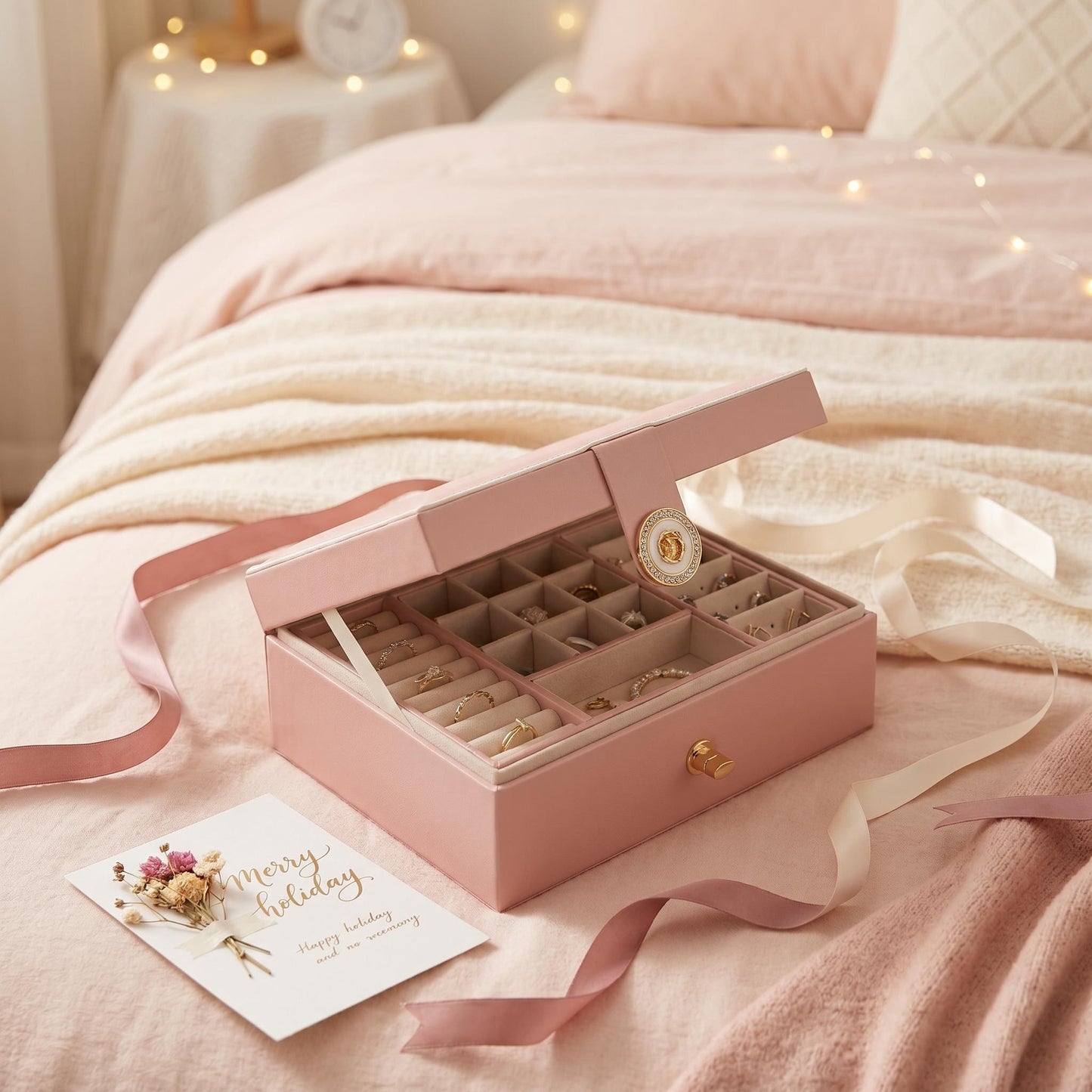 🌸💖Krásna šperkovnica v princeznovskom štýle s viacerými priehradkami, ktoré zabraňujú zamotaniu šperkov. Je to perfektný darček na narodeniny a kolaudačné oslávy.