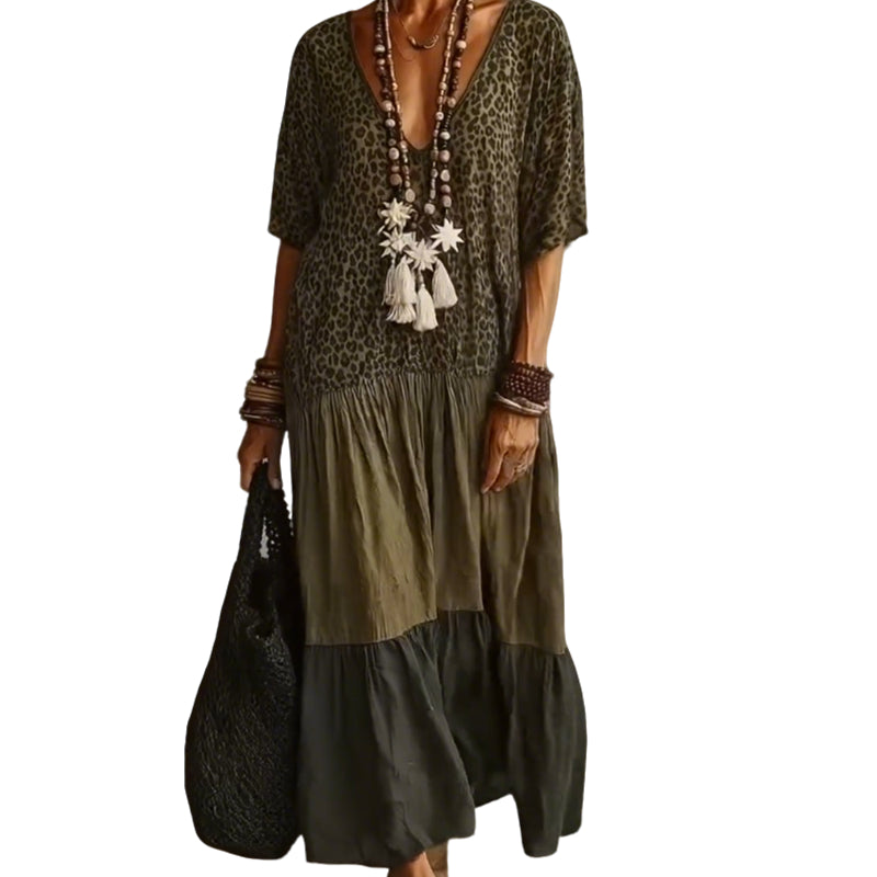🌿Bohemian Tiered Maxi Dress 🐆 Leopard Splicing V-Neck Holiday Dress