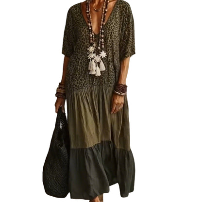 🌿Bohemian Tiered Maxi Dress 🐆 Leopard Splicing V-Neck Holiday Dress