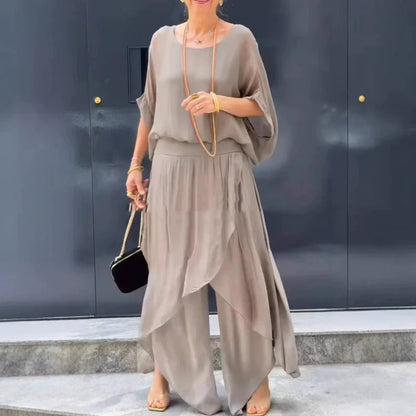 👗voľný top a nohavice s rozparkom a širokými nohavicami
