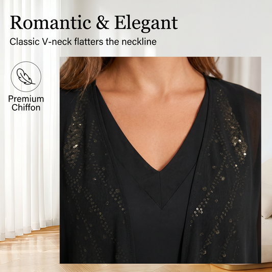 👗Dvojdielna súprava šifónových šiat s výstrihom do V a dlhého kardiganu, priedušná, lichotivá, dostupná vo viacerých veľkostiach, elegantné dámske oblečenie💐🩰