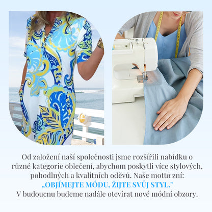 Dámske farebné tlačené šaty s výstrihom do V