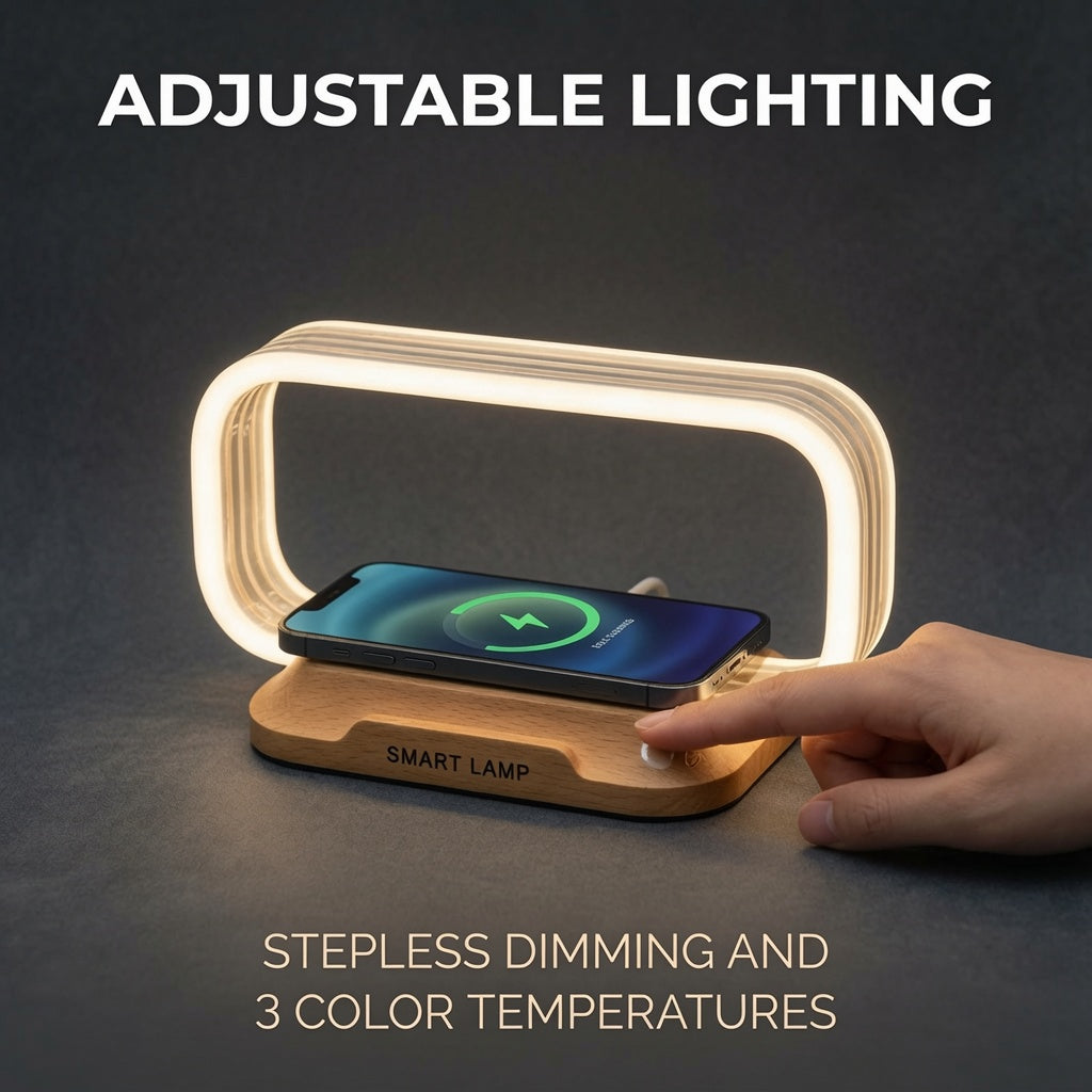 📱Hlasom ovládaná 4-v-1 lampa｜15W bezdrôtové nabíjanie, okolité svetlo pri posteli, ktoré chráni oči🛏️✨