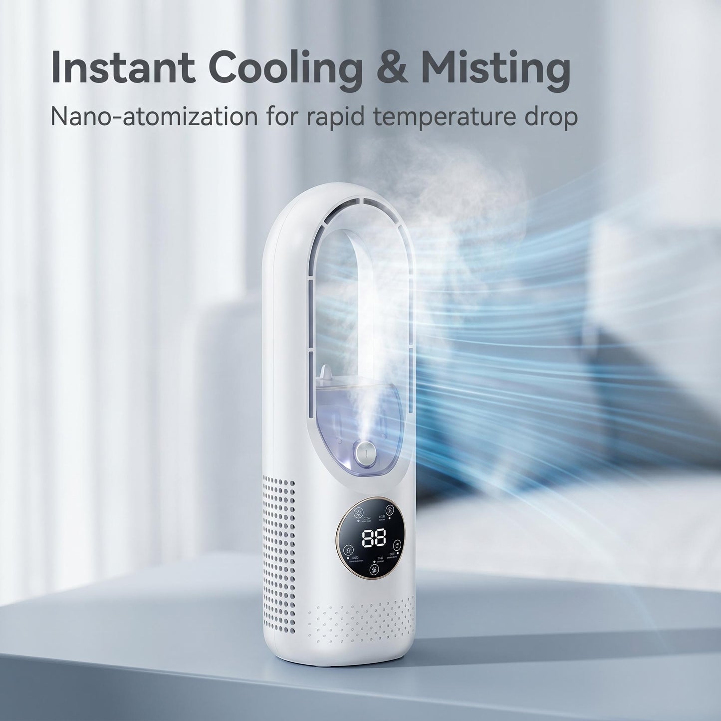 ❄Bezlopatkový rozprašovací stolový ventilátor｜Zvlhčovanie, chladenie, sedemfarebné nočné svetlo, 6-úrovňový širokouhlý model s časovačom🎉