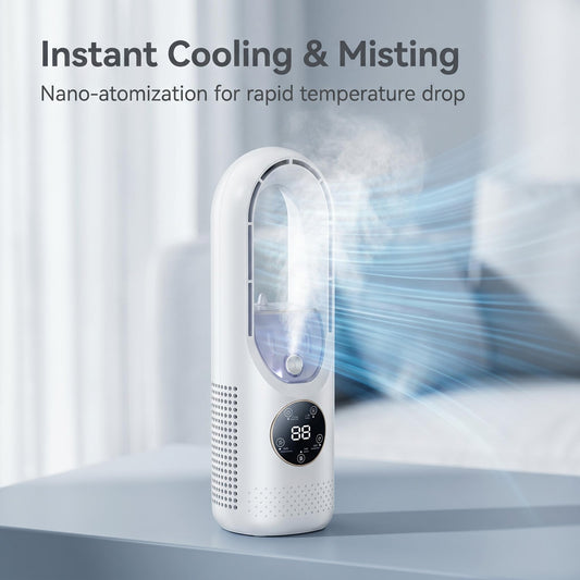 ❄Bezlopatkový rozprašovací stolový ventilátor｜Zvlhčovanie, chladenie, sedemfarebné nočné svetlo, 6-úrovňový širokouhlý model s časovačom🎉
