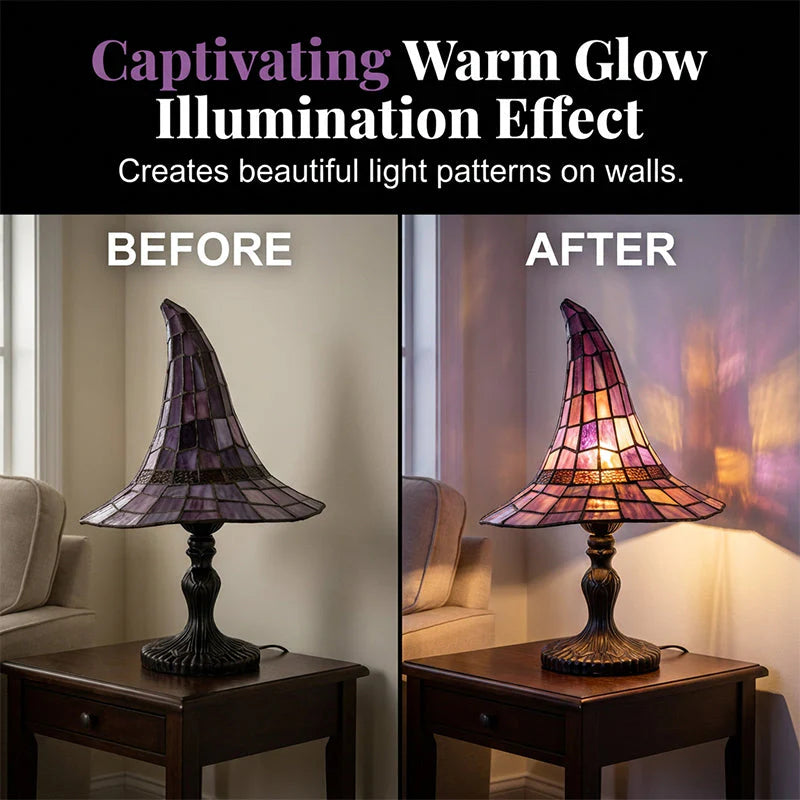 🧙‍♀️Stolová lampa s čarodejníckym klobúkom z farebného skla｜Gotická retro magická atmosféra, nočné svetlo k posteli🔮