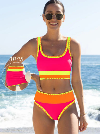 🔥🎁Novinka: 50 % ZĽAVA🔥🌼 Trojdielne športové bikiny z nylonu s farebnými blokmi – vysoký pás so zoštíhľujúcim efektom na brucho 👙