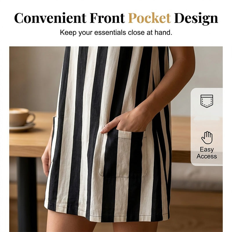 👗Retro pruhované šaty bez rukávov ｜Priedušné, voľný strih s vreckami, ideálne na dovolenku alebo domov✨