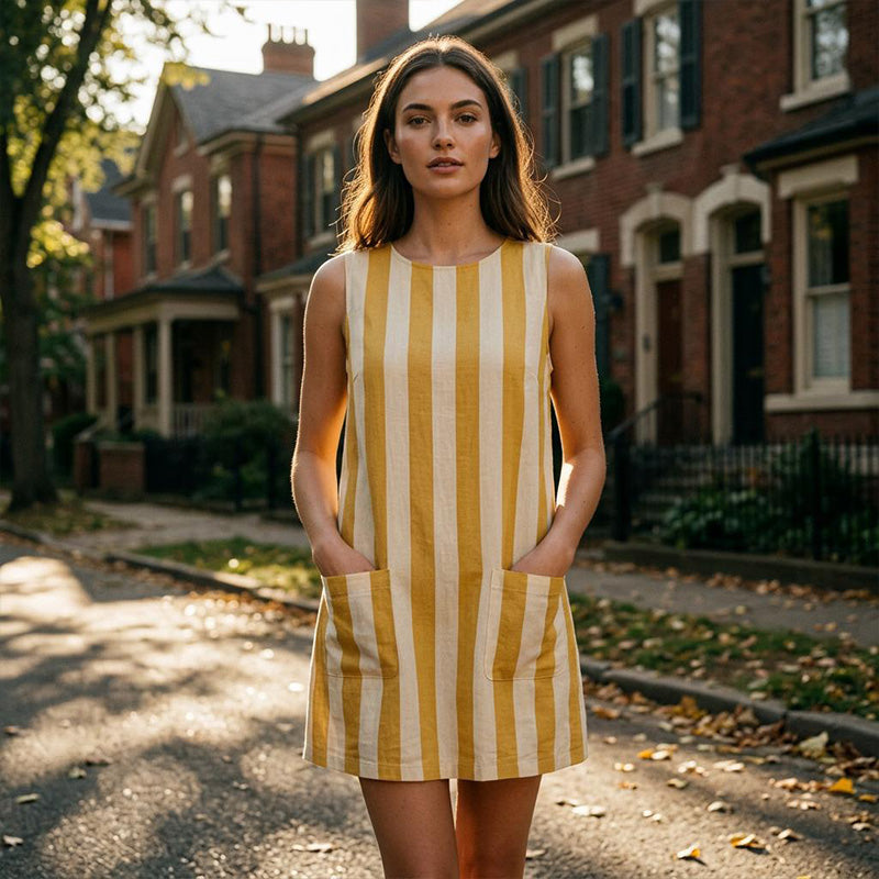 👗Retro pruhované šaty bez rukávov ｜Priedušné, voľný strih s vreckami, ideálne na dovolenku alebo domov✨