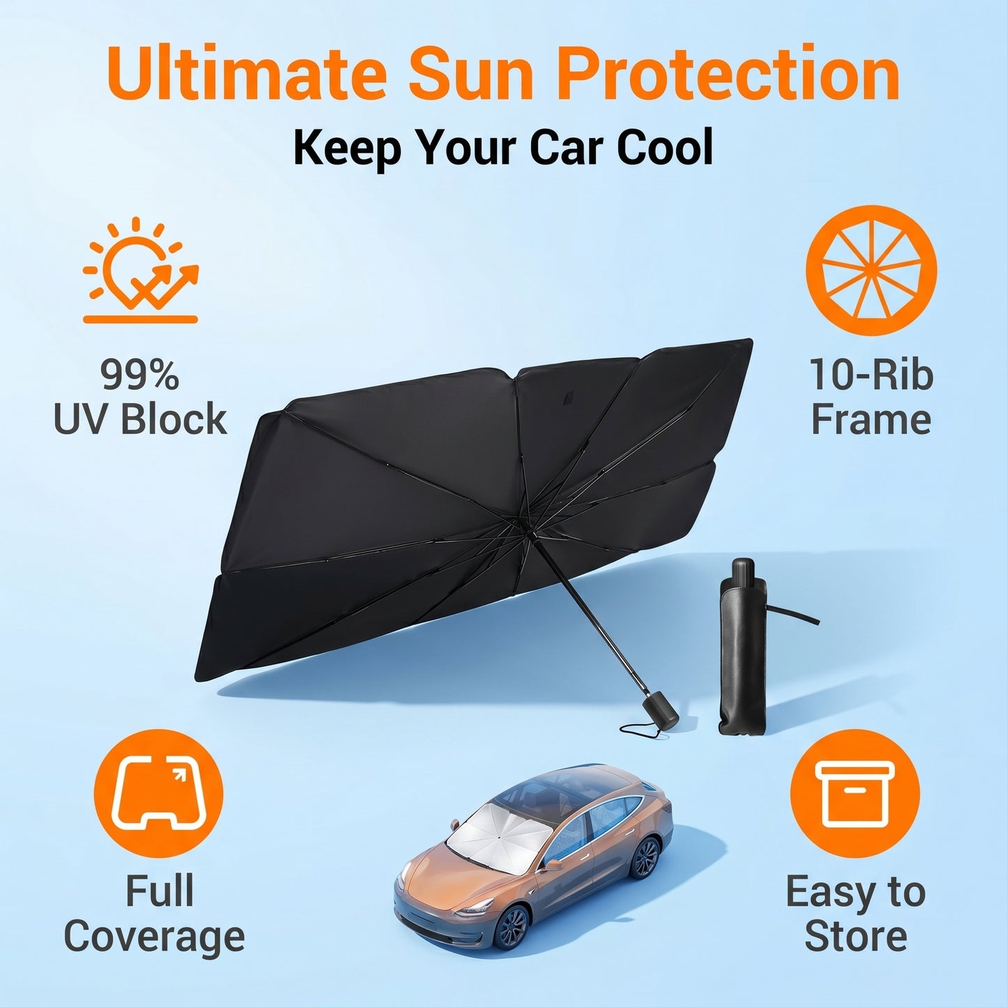 ☀️🚗Slnečná clona na čelné sklo auta, 99% UV ochrana, 10 výstužných rebier, vhodná pre sedany a SUV, poskytuje ochranu pred slnkom a tepelnú izoláciu