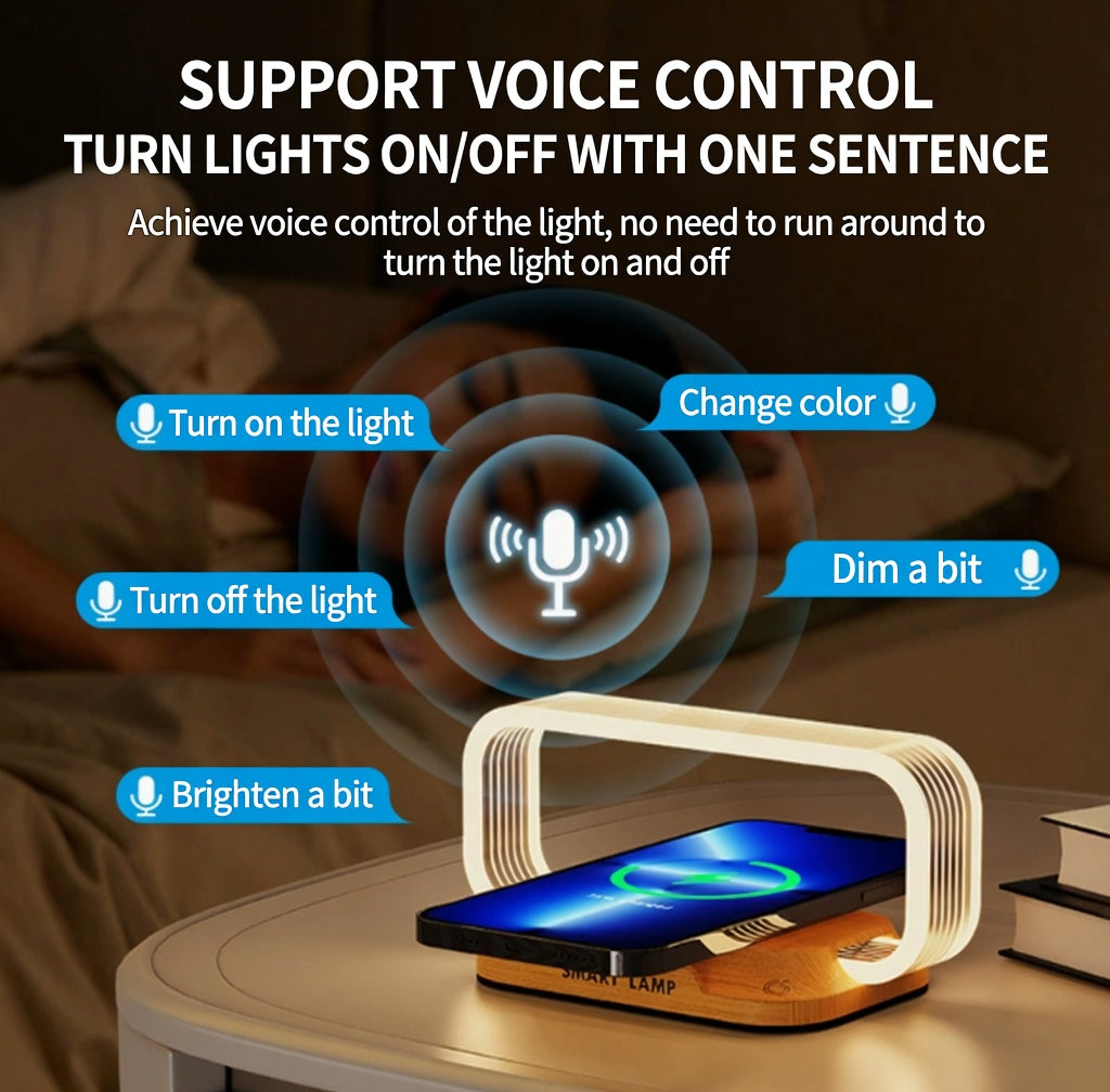 📱Hlasom ovládaná 4-v-1 lampa｜15W bezdrôtové nabíjanie, okolité svetlo pri posteli, ktoré chráni oči🛏️✨
