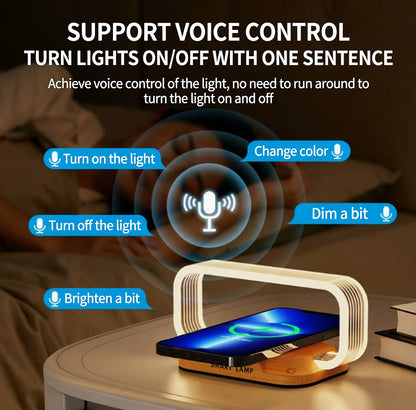 📱Hlasom ovládaná 4-v-1 lampa｜15W bezdrôtové nabíjanie, okolité svetlo pri posteli, ktoré chráni oči🛏️✨