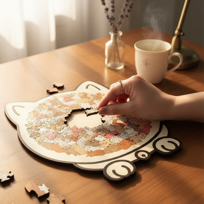🎅135dielne drevené puzzle v tvare mačky vo farbách Morandiho
