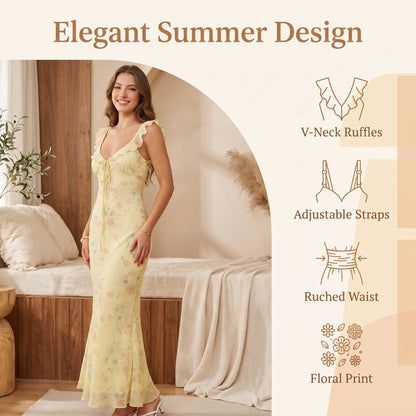 🌼Časovo obmedzená zľava 50%👗Dlhé šaty s kvetinovou potlačou, výstrihom do V a volánikmi